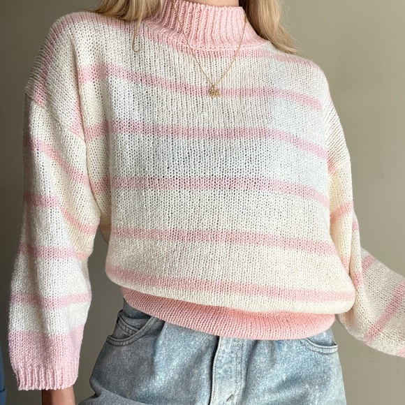 Vintage Sweaters - Vintage 80s 90s Pastel Pink White Striped Sweater